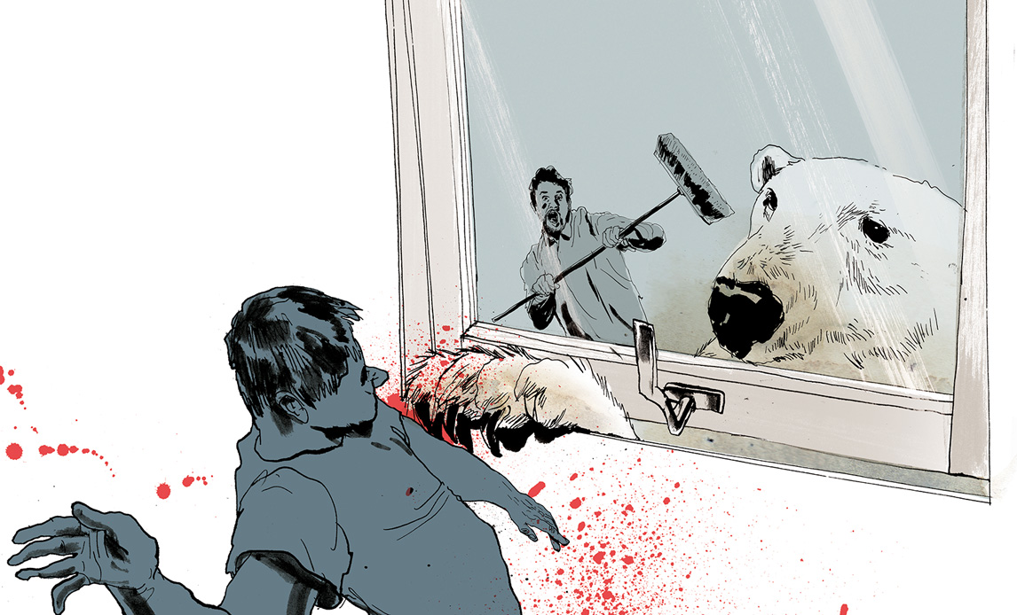 Illustration af isbjørn der stikker poten ind igennem vinduet