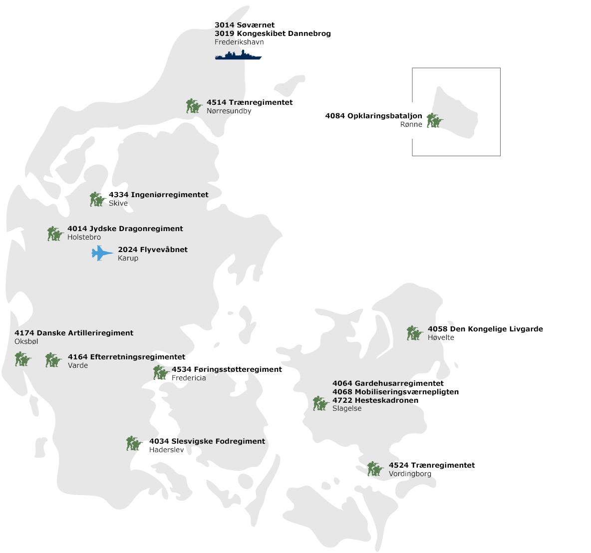 Kort, der viser de steder i Forsvaret, hvor der uddannes værnepligtige